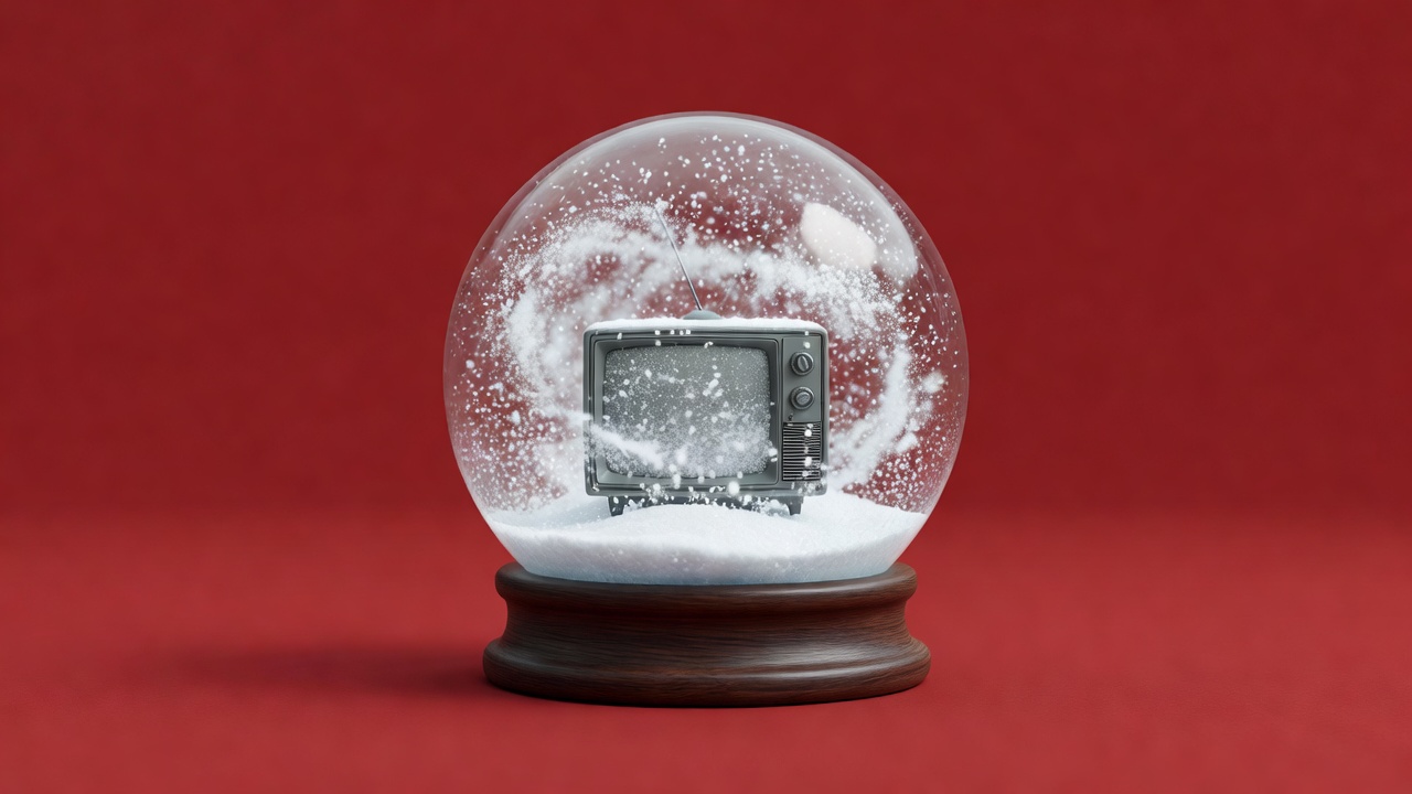 Soft-lit three-dimensional illustration of a miniature television inside a winter snow globe on a plain crimson background