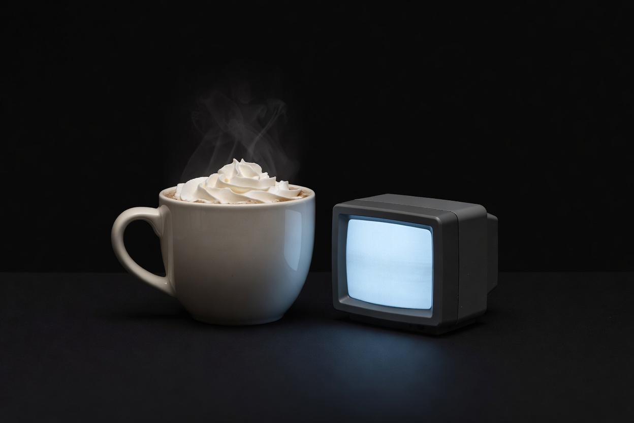 Soft-lit three-dimensional illustration of a mug beside a small television on a plain black background